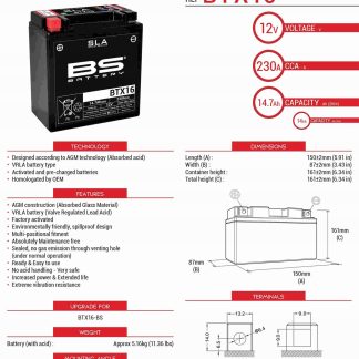 BS AKUMULATOR BTX16 (FA) (YTX16-BS) 12V 14AH 152X88X161 BEZOBSŁUGOWY - ZALA